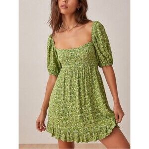 Reformation Bristol Dress Women's Extra Small Green Floral Mini Puff Sleeve Roma